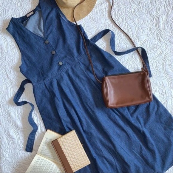 Vintage 70s 80s Denim Jumper Dress Midi Sleeveless with Pockets Size Medium - Picture 1 of 9